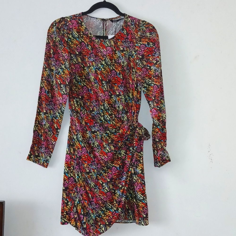 Zara Multicolor long sleeve Dress with wrap skirt & Tie on the left | Size Small